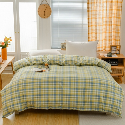 91家纺网 家纺一手货源 找家纺 柠萌家居 2024新款A类全棉色织水洗棉无印风四件套 简爱黄格