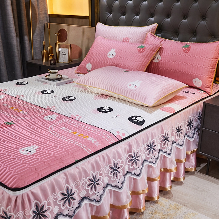 91家纺网 家纺一手货源 找家纺 情恒 2025新款可脱卸印花夹棉冰丝凉席三件套 快乐兔