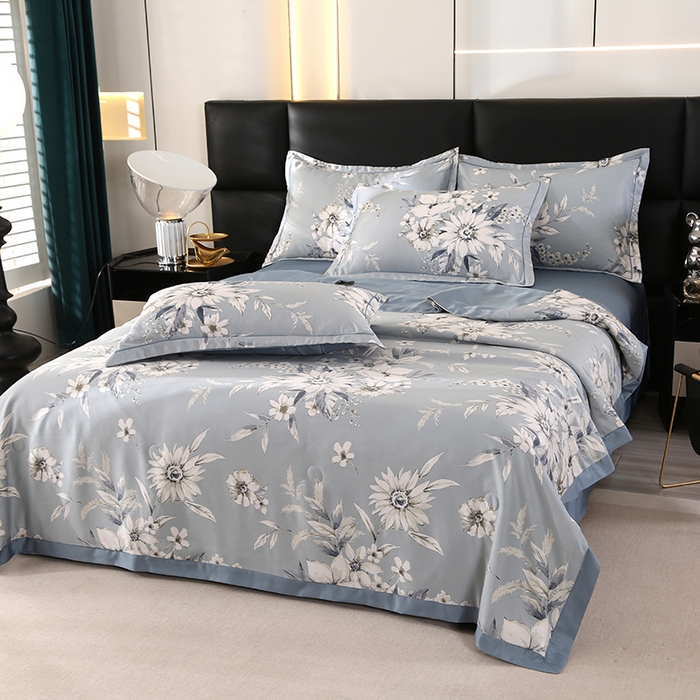 91家纺网 家纺一手货源 找家纺 梦莱斯 2024新款拼角宽边水洗天丝夏被四件套 花悦吟兰