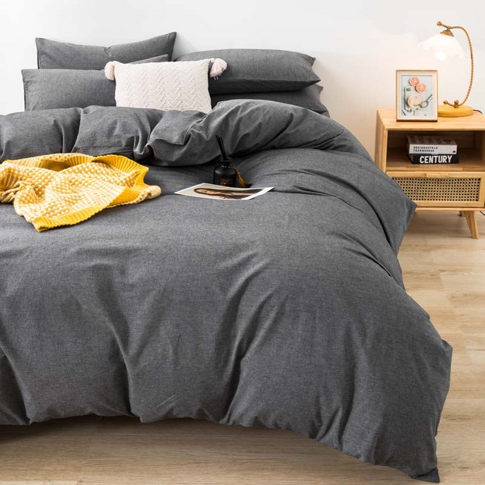 91家纺网 家纺一手货源 找家纺 柠萌家居 2024新款A类全棉色织水洗棉无印风四件套 深灰