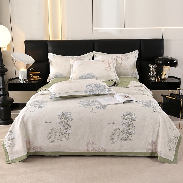 91家纺网 家纺一手货源 找家纺 梦莱斯 2024新款拼角宽边水洗天丝夏被四件套 锦瑞-米黄