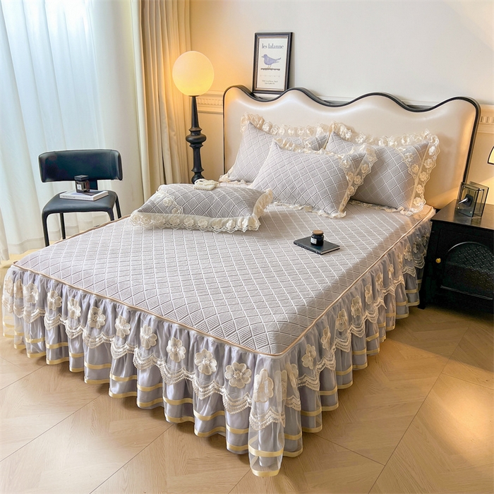 91家纺网 家纺一手货源 找家纺 虹星家纺 2024新款A类冰感凉豆豆可拆卸床裙席三件套 珍珠灰