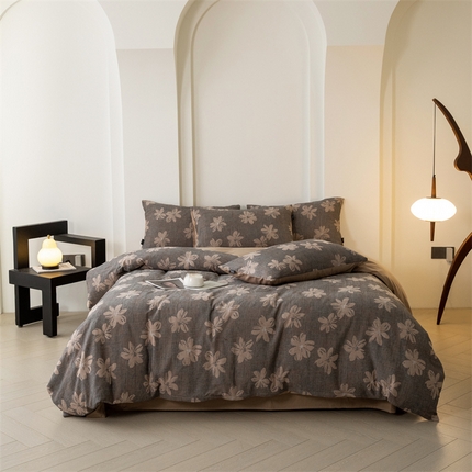 91家纺网 家纺一手货源 找家纺 大米家居 2024新款全棉60支双层纱色织提花四件套 洛可-咖