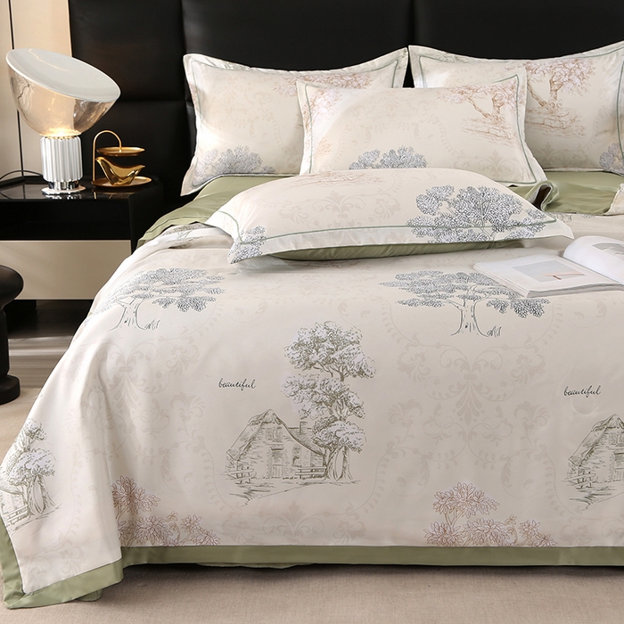 91家纺网 家纺一手货源 找家纺 梦莱斯 2024新款拼角宽边水洗天丝夏被四件套 锦瑞-米黄