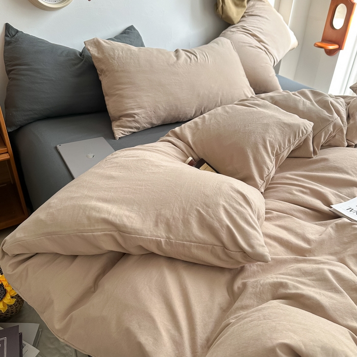 91家纺网 家纺一手货源 找家纺 易辰美 2024新款混搭超柔水洗棉四件套 奶杏+深灰