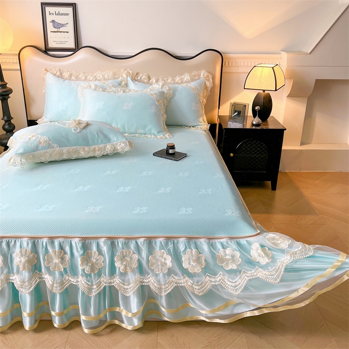 91家纺网 家纺一手货源 找家纺 虹星家纺 2024新款A类冰感凉豆豆可拆卸床裙席三件套 冰川蓝