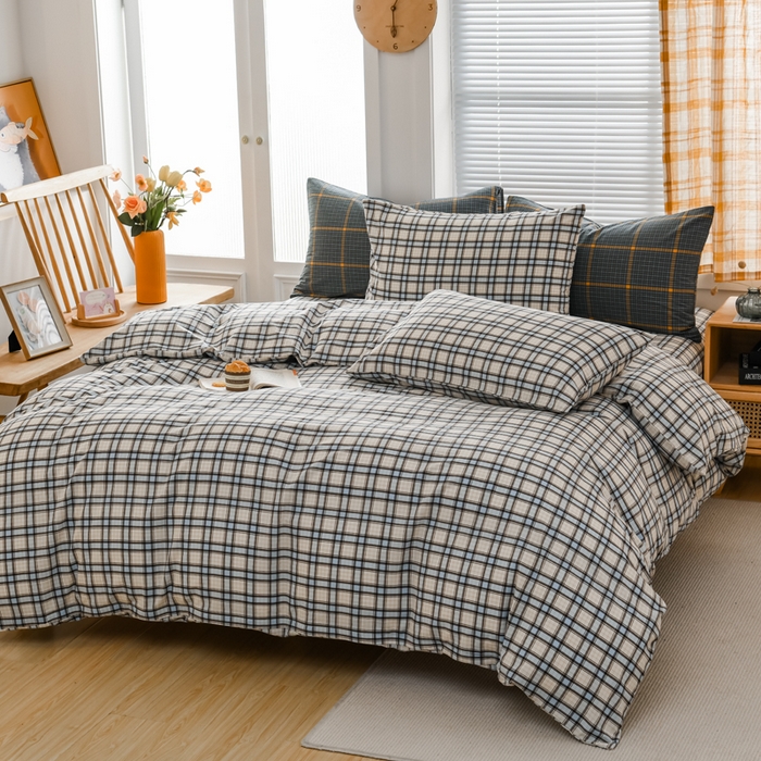 91家纺网 家纺一手货源 找家纺 柠萌家居 2024新款A类全棉色织水洗棉无印风四件套 里约蓝