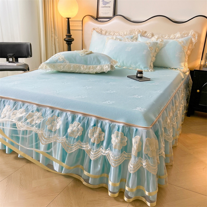 91家纺网 家纺一手货源 找家纺 虹星家纺 2024新款A类冰感凉豆豆可拆卸床裙席三件套 冰川蓝