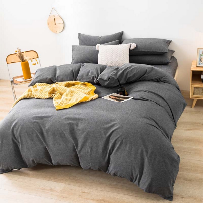 91家纺网 家纺一手货源 找家纺 柠萌家居 2024新款A类全棉色织水洗棉无印风四件套 深灰