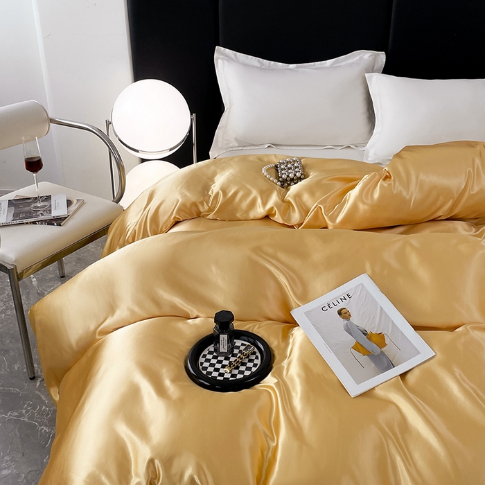 91家纺网 家纺一手货源 找家纺 梦舒羽 2025新款可水洗冰丝被套双人床被套带同款床单床笠四件套 金驼色