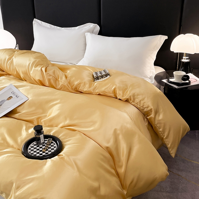 91家纺网 家纺一手货源 找家纺 梦舒羽 2025新款可水洗冰丝被套双人床被套带同款床单床笠四件套 金驼色