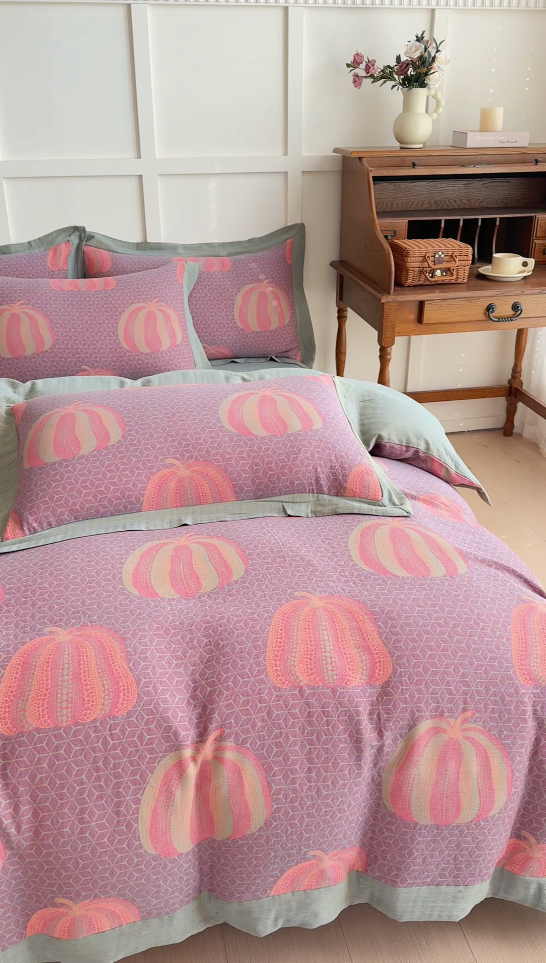 91家纺网 家纺一手货源 找家纺 小欢喜 2024新款全棉A类色织双层纱大提花四件套-宽边款 波点南瓜-紫