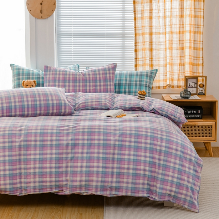 91家纺网 家纺一手货源 找家纺 柠萌家居 2024新款A类全棉色织水洗棉无印风四件套 简爱紫格