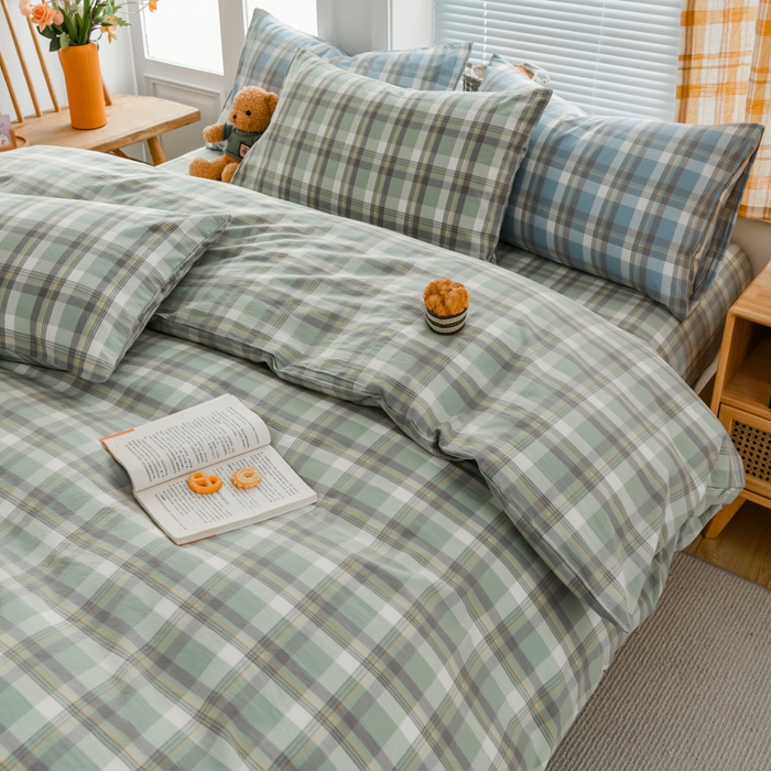 91家纺网 家纺一手货源 找家纺 柠萌家居 2024新款A类全棉色织水洗棉无印风四件套 遇见绿格