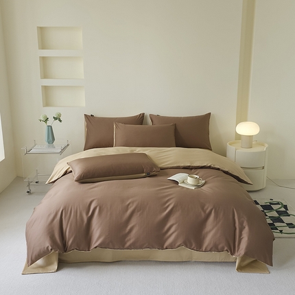 91家纺网 家纺一手货源 找家纺 百寐 2024新款全棉纯色双拼四件套素色简约套件 素雅咖+奶咖