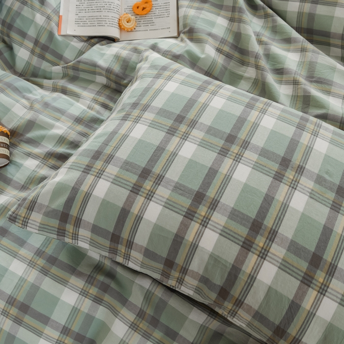 91家纺网 家纺一手货源 找家纺 柠萌家居 2024新款A类全棉色织水洗棉无印风四件套 遇见绿格