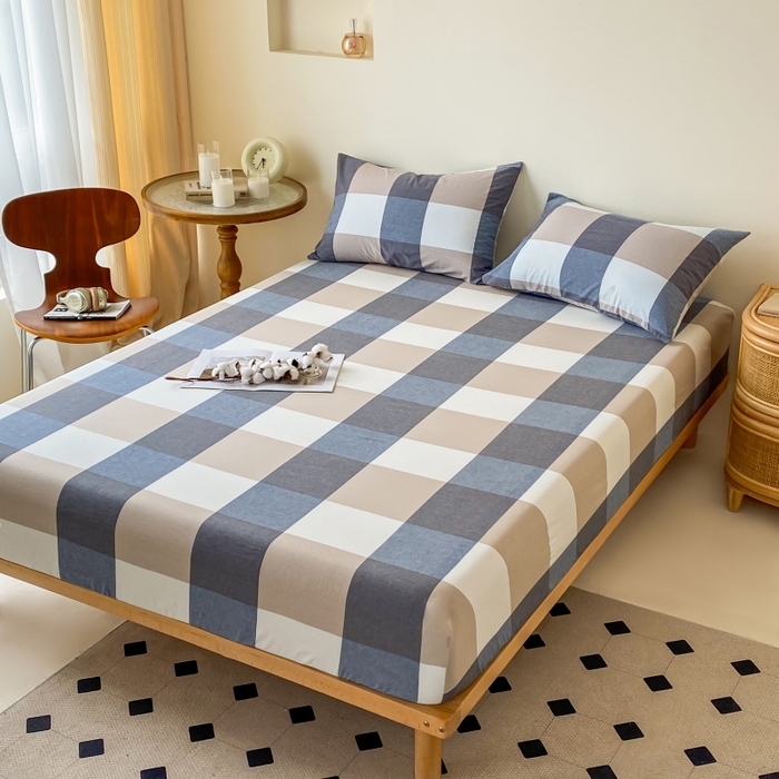 91家纺网 家纺一手货源 找家纺 寐眠 2024新款全棉水洗棉床单床笠单品-单床笠 蓝大格