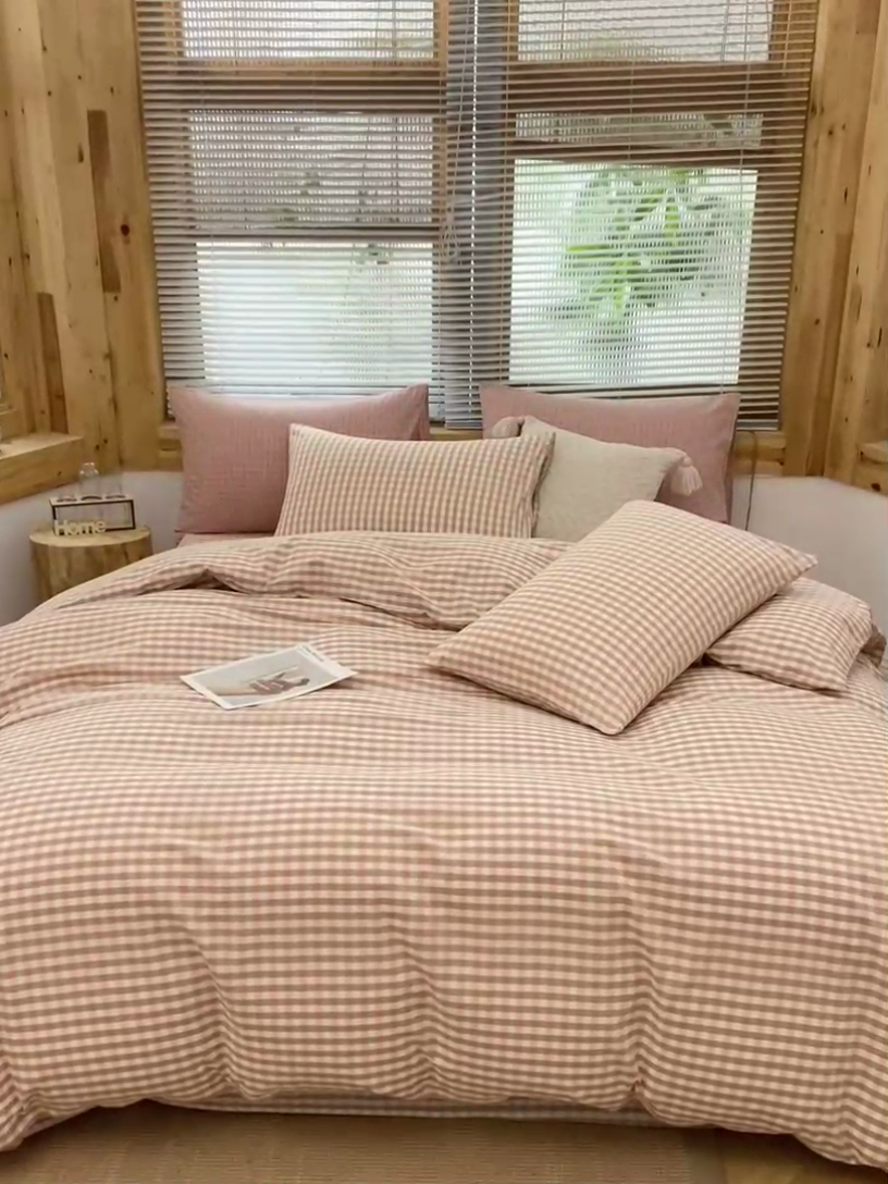 91家纺网 家纺一手货源 找家纺 柠萌家居 2024新款A类全棉色织水洗棉无印风四件套 玉小格