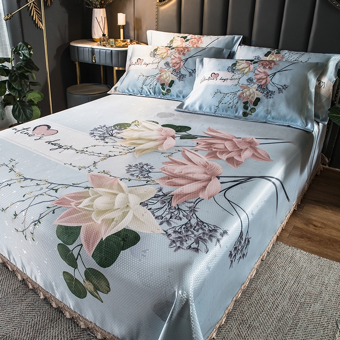 91家纺网 家纺一手货源 找家纺 大境 2024新款900d窝蜂冰丝凉席三件套 香草百合