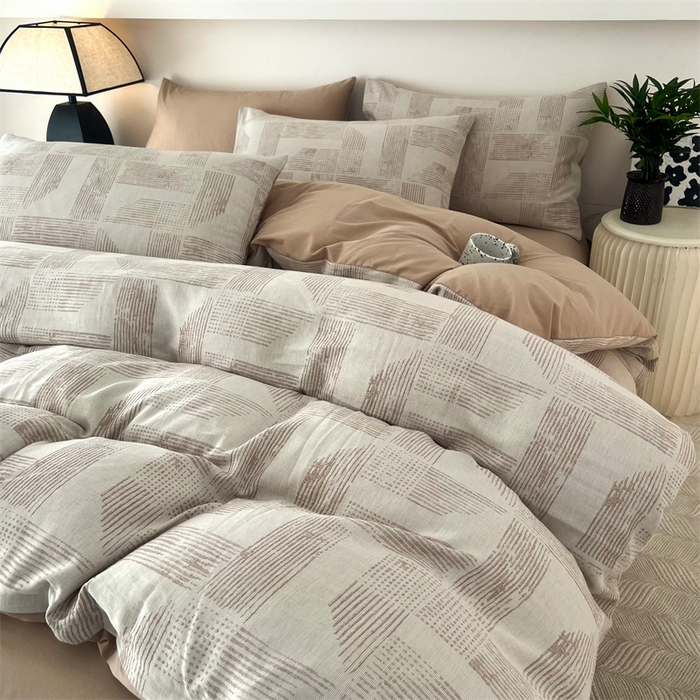 91家纺网 家纺一手货源 找家纺 HL原创 2024新款原创双层纱提花四件套 几何-咖