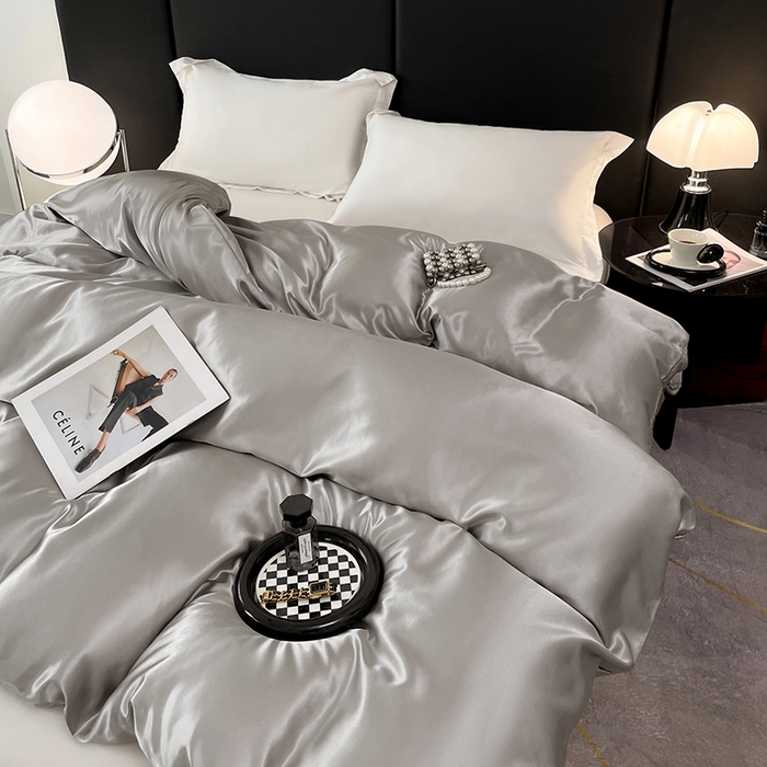 91家纺网 家纺一手货源 找家纺 梦舒羽 2025新款可水洗冰丝被套双人床被套带同款床单床笠四件套 典雅灰