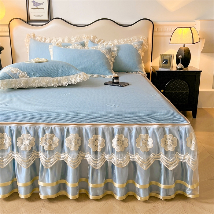 91家纺网 家纺一手货源 找家纺 虹星家纺 2024新款A类冰感凉豆豆可拆卸床裙席三件套 宝石蓝