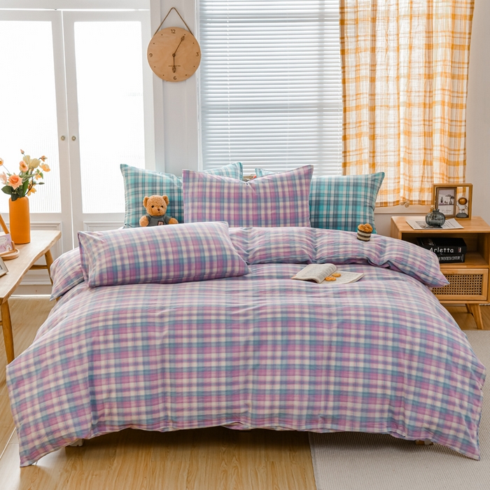 91家纺网 家纺一手货源 找家纺 柠萌家居 2024新款A类全棉色织水洗棉无印风四件套 简爱紫格