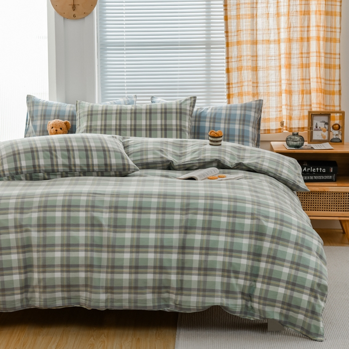 91家纺网 家纺一手货源 找家纺 柠萌家居 2024新款A类全棉色织水洗棉无印风四件套 遇见绿格