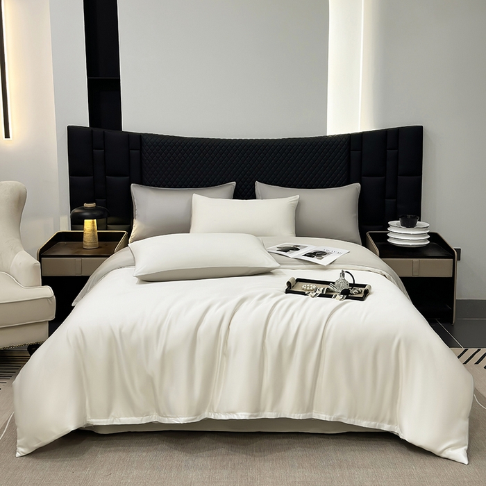 91家纺网 家纺一手货源 找家纺 直播爆款A类轻奢60S莱赛尔天丝四件套真丝四件套 本白+银灰