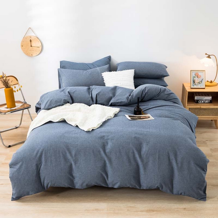 91家纺网 家纺一手货源 找家纺 柠萌家居 2024新款A类全棉色织水洗棉无印风四件套 牛仔蓝