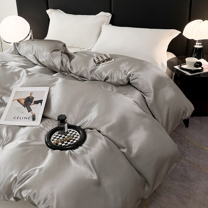 91家纺网 家纺一手货源 找家纺 梦舒羽 2025新款可水洗冰丝被套双人床被套带同款床单床笠四件套 典雅灰