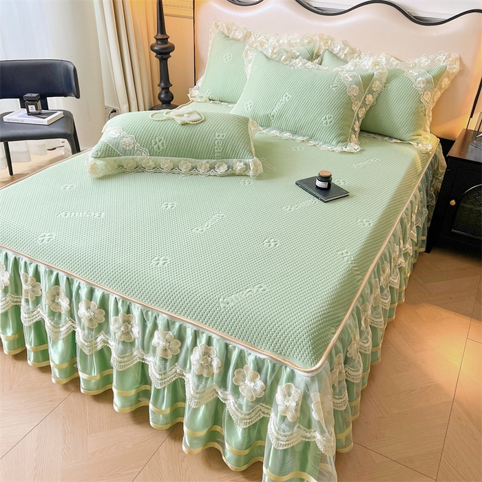 91家纺网 家纺一手货源 找家纺 虹星家纺 2024新款A类冰感凉豆豆可拆卸床裙席三件套 青果绿
