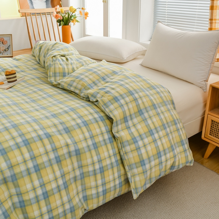 91家纺网 家纺一手货源 找家纺 柠萌家居 2024新款A类全棉色织水洗棉无印风四件套 简爱黄格