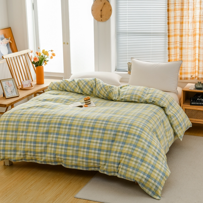 91家纺网 家纺一手货源 找家纺 柠萌家居 2024新款A类全棉色织水洗棉无印风四件套 简爱黄格