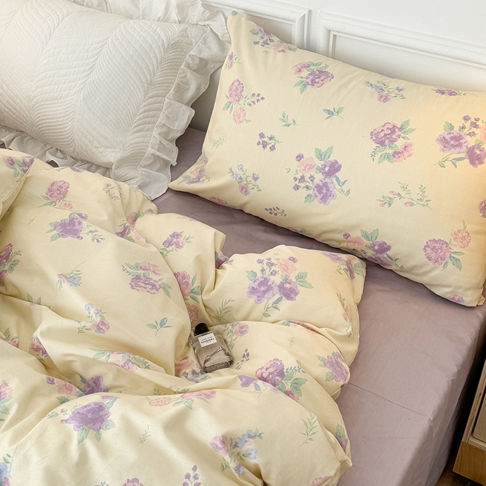 91家纺网 家纺一手货源 找家纺 昔可家纺 2024新款全棉春日复古印花四件套 紫色落花