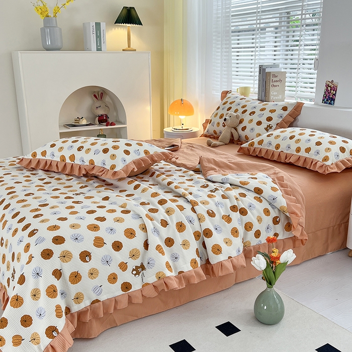 91家纺网 家纺一手货源 找家纺 梦莱斯 2024新款时尚舒适泡泡棉夏被四件套 南瓜