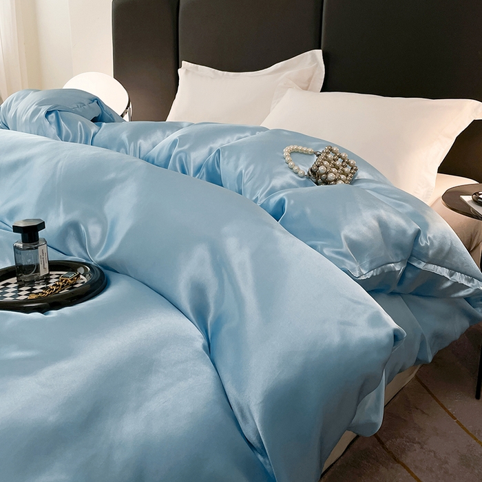 91家纺网 家纺一手货源 找家纺 梦舒羽 2025新款可水洗冰丝被套双人床被套带同款床单床笠四件套 天空蓝