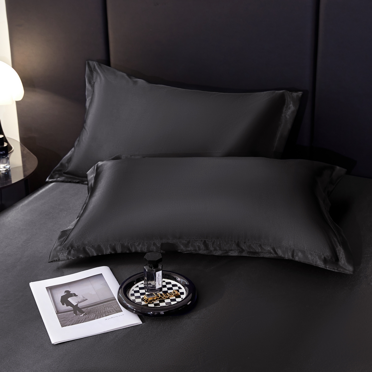 91家纺网 家纺一手货源 找家纺 梦舒羽 2025新款可水洗冰丝床垫保护套床笠三件套 尊贵黑