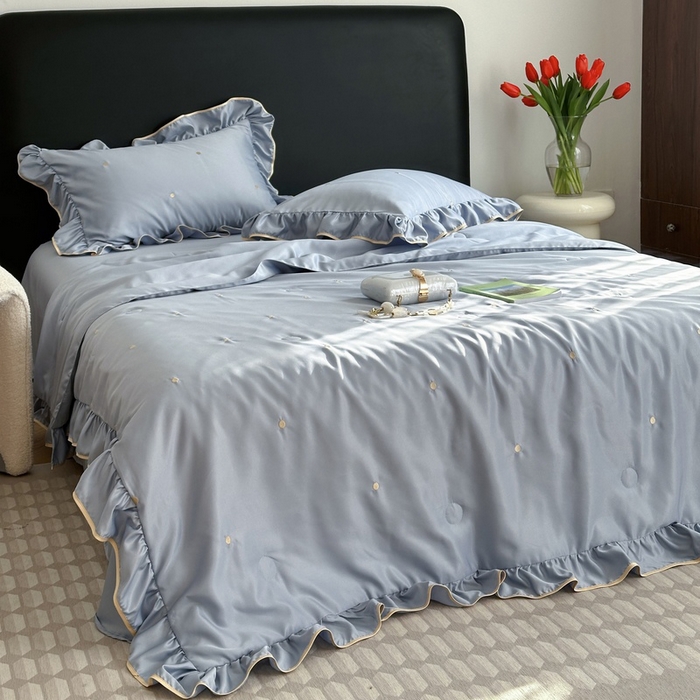 91家纺网 家纺一手货源 找家纺 优悦生活馆 2024新款冰丝甜美风荷叶边款夏被四件套初夏系列  初夏-蓝
