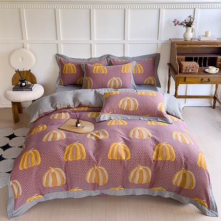 91家纺网 家纺一手货源 找家纺 （总）小欢喜 2024新款全棉A类色织双层纱大提花四件套-宽边款