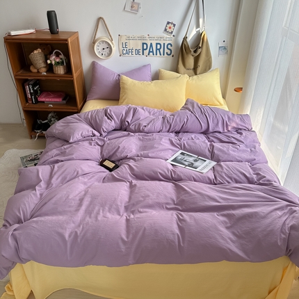 91家纺网 家纺一手货源 找家纺 易辰美 2024新款混搭超柔水洗棉四件套 香芋紫+嫩黄