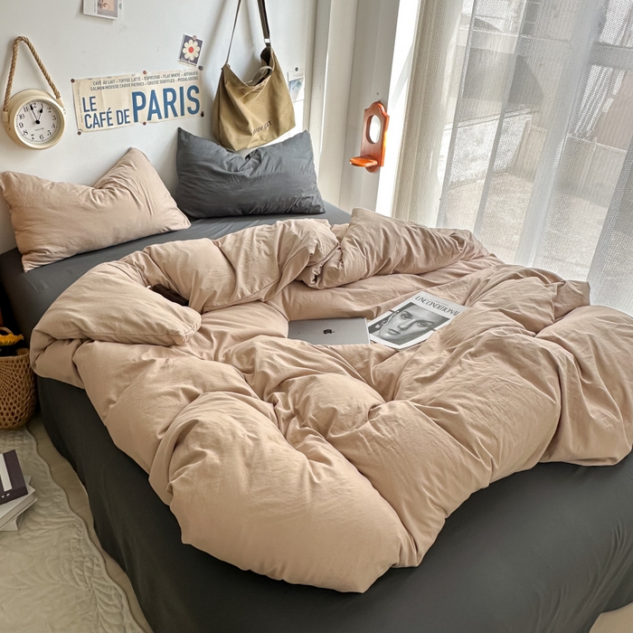 91家纺网 家纺一手货源 找家纺 易辰美 2024新款混搭超柔水洗棉四件套 奶杏+深灰