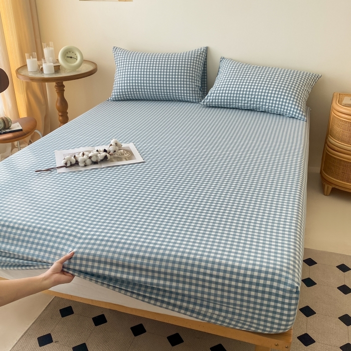 91家纺网 家纺一手货源 找家纺 寐眠 2024新款全棉水洗棉床单床笠单品-单床笠 蓝小格