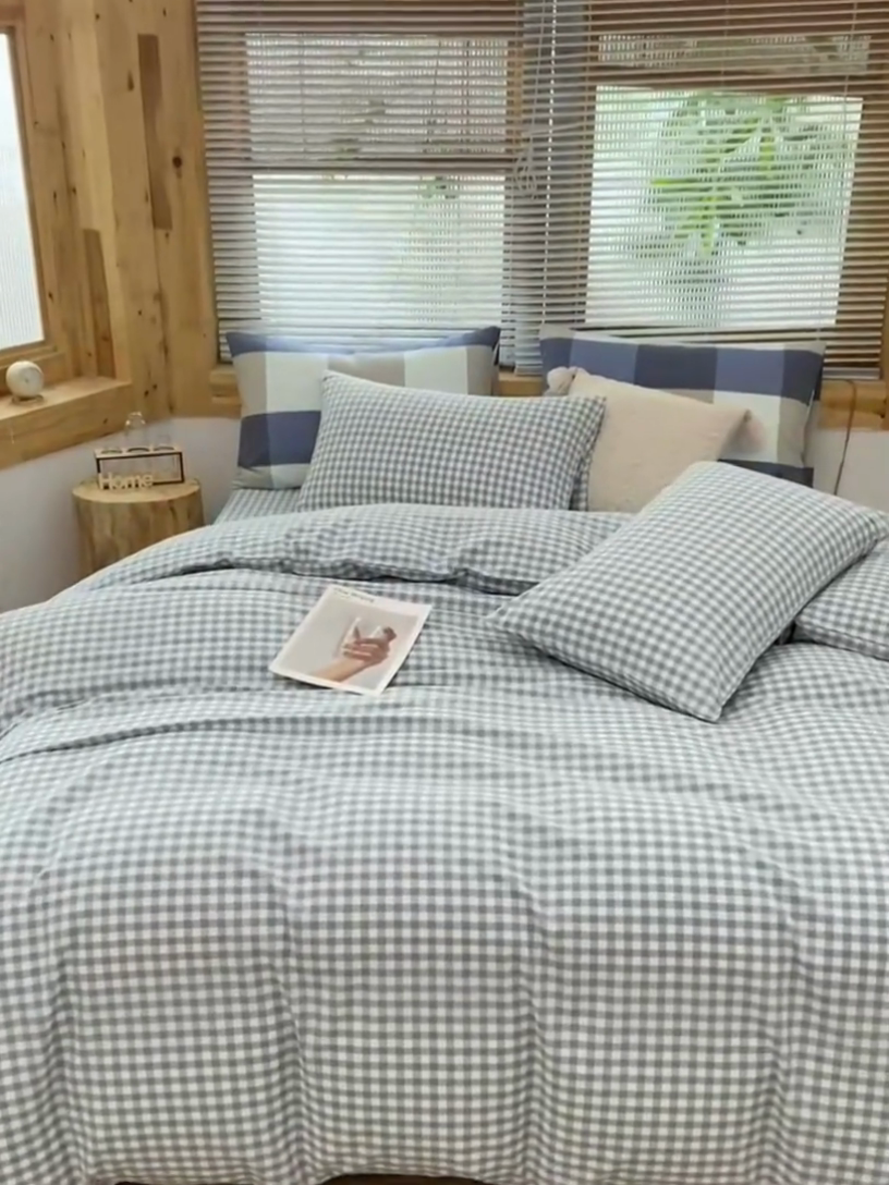 91家纺网 家纺一手货源 找家纺 柠萌家居 2024新款A类全棉色织水洗棉无印风四件套 小兰格