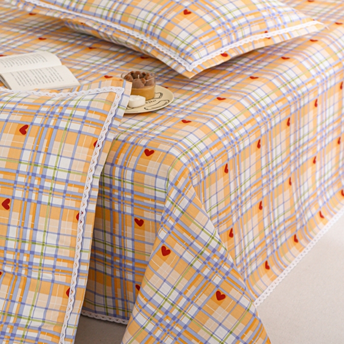 91家纺网 家纺一手货源 找家纺 萌宝 2025老粗布新款纯棉细纱三枚缎卡帆布花边款软凉席床单提供买家秀爱心格黄