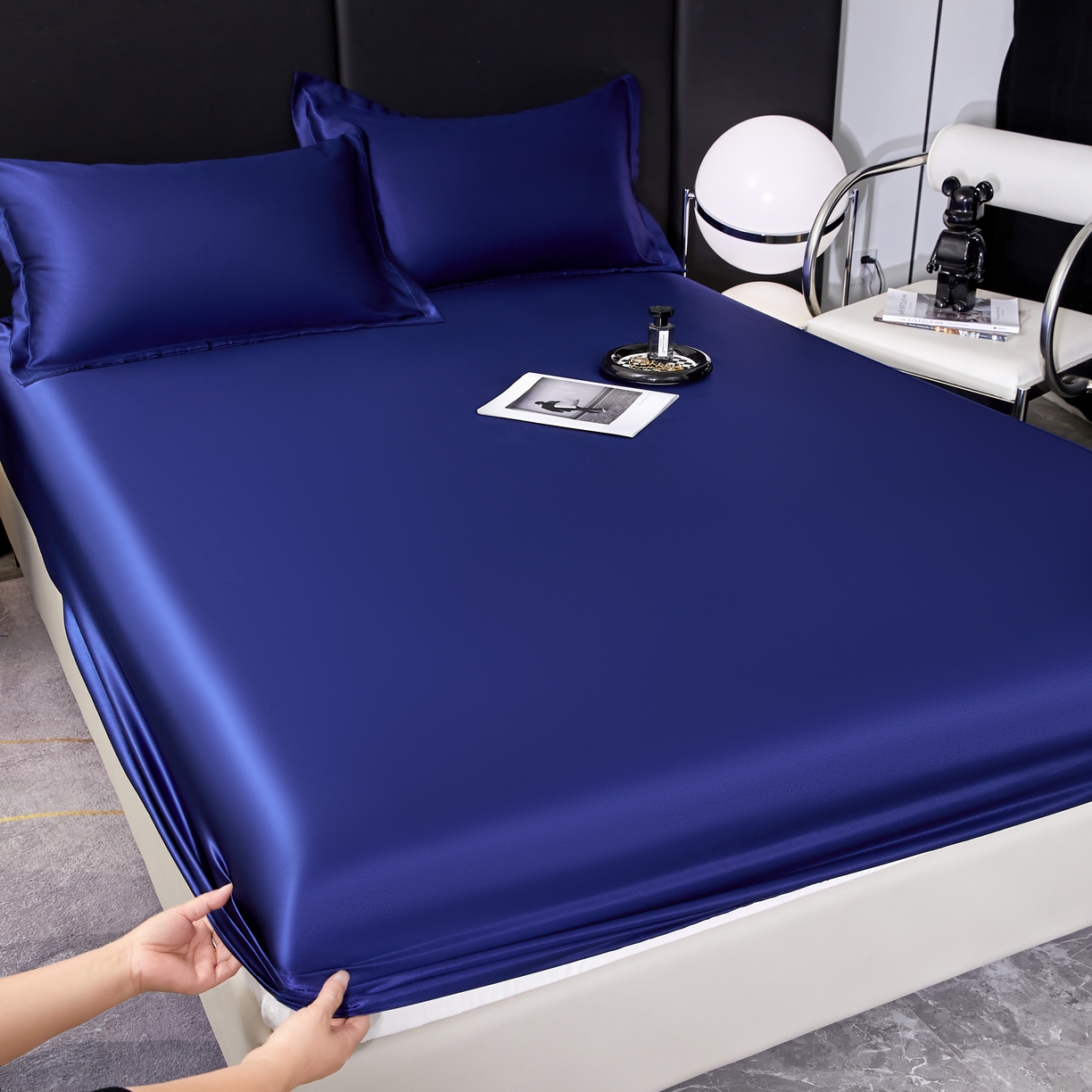 91家纺网 家纺一手货源 找家纺 梦舒羽 2025新款可水洗冰丝床垫保护套床笠三件套 深海蓝