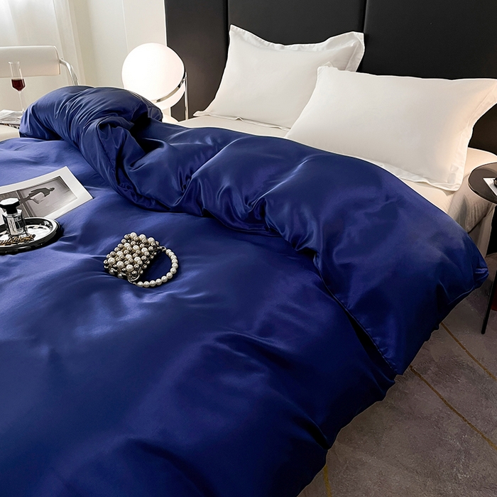 91家纺网 家纺一手货源 找家纺 梦舒羽 2025新款可水洗冰丝被套双人床被套带同款床单床笠四件套 深海蓝