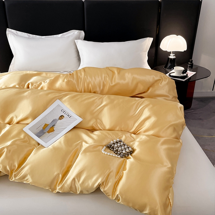 91家纺网 家纺一手货源 找家纺 梦舒羽 2025新款可水洗冰丝被套双人床被套带同款床单床笠四件套 金驼色