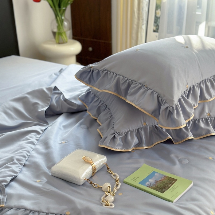 91家纺网 家纺一手货源 找家纺 优悦生活馆 2024新款冰丝甜美风荷叶边款夏被四件套初夏系列  初夏-蓝