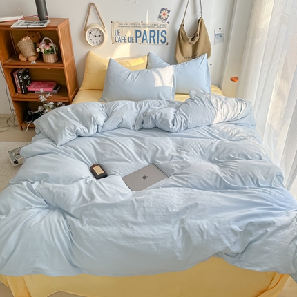 91家纺网 家纺一手货源 找家纺 易辰美 2024新款混搭超柔水洗棉四件套 浅兰+嫩黄